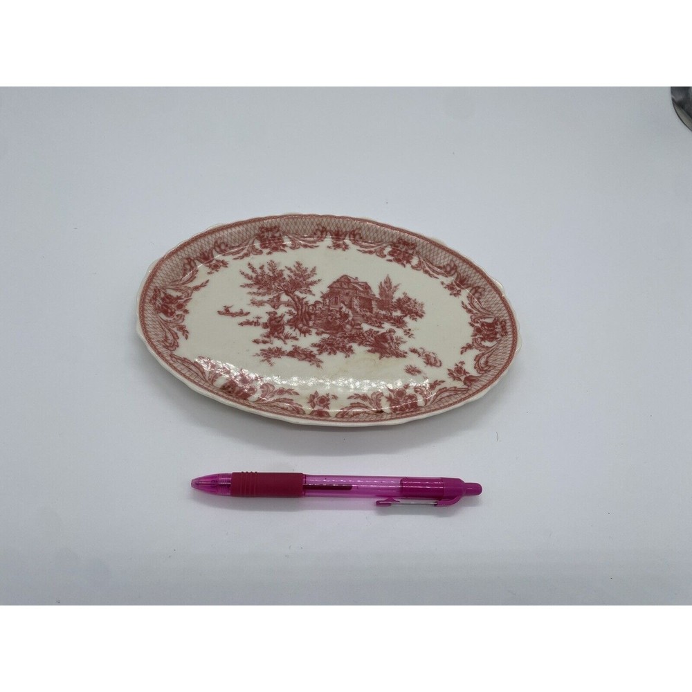 Vintage pink toile oval plate /pin tray